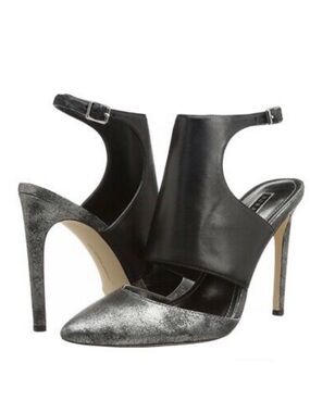 BCBGeneration Chaser Black Leather Pewter Stiletto Heel Nwt